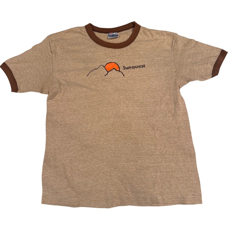 Vintage  80s Hanes Sunquest Ringer T Shirt Large Tan Brown Mountain Graphic USA